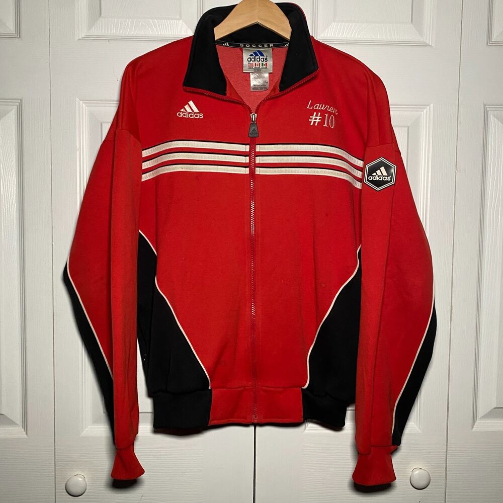 Vintage Adidas PWSI Twisters Soccer Track Jacket Size S Red Black 3 Stripe 90s